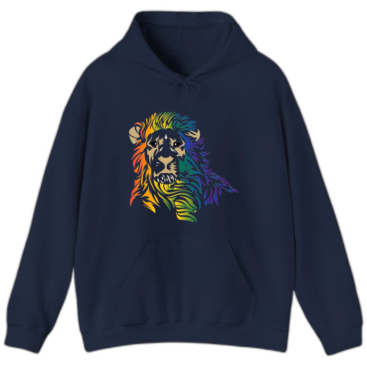 Rainbow lion head with gradient mane flowing from red through purple, featuring tan face with black eyes and detailed whiskers on gray background in Navy