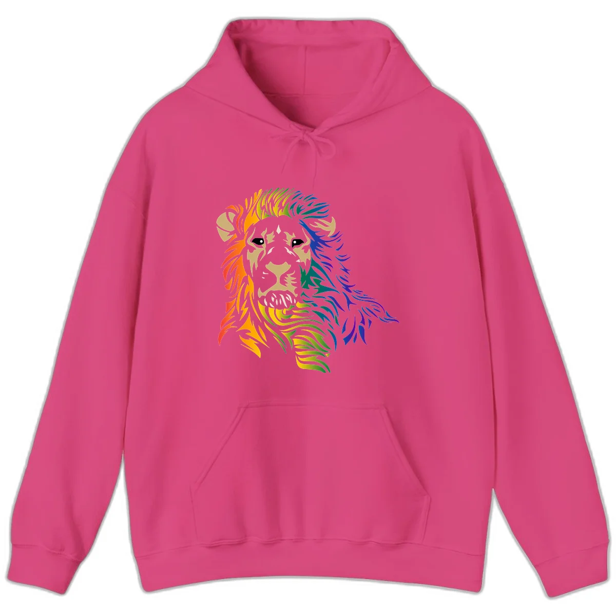 Rainbow lion head with gradient mane flowing from red through purple, featuring tan face with black eyes and detailed whiskers on gray background in Heliconia