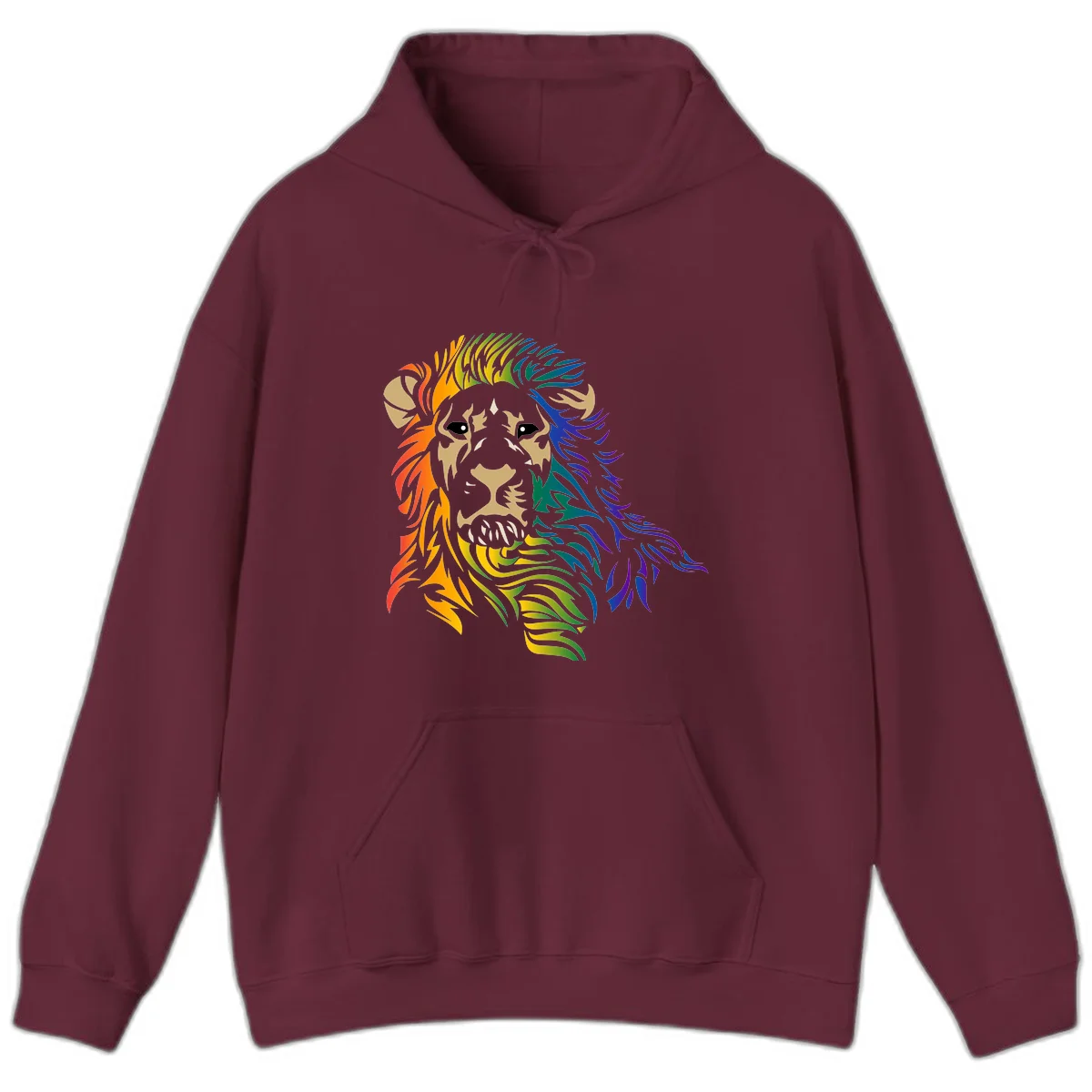 Rainbow lion head with gradient mane flowing from red through purple, featuring tan face with black eyes and detailed whiskers on gray background in Maroon