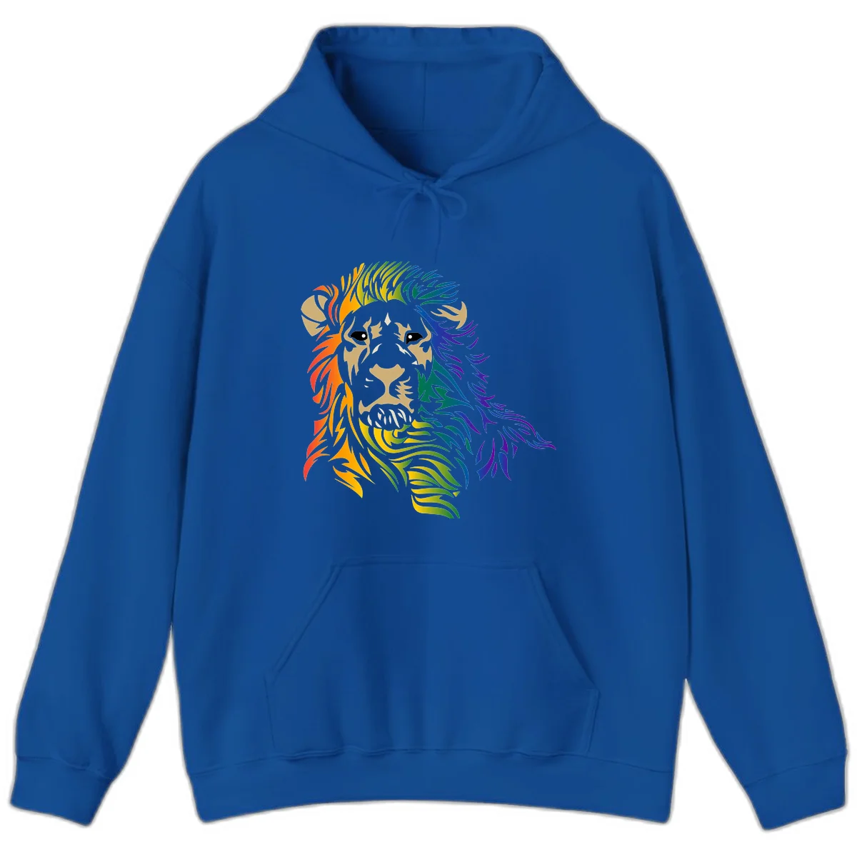 Rainbow lion head with gradient mane flowing from red through purple, featuring tan face with black eyes and detailed whiskers on gray background in Royal