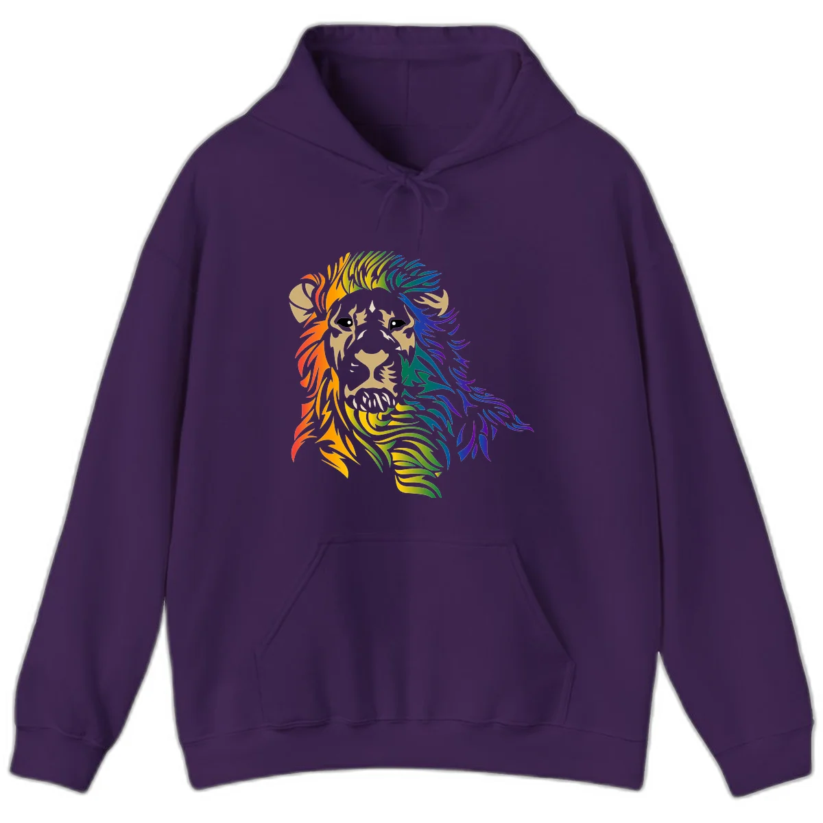 Rainbow lion head with gradient mane flowing from red through purple, featuring tan face with black eyes and detailed whiskers on gray background in Purple