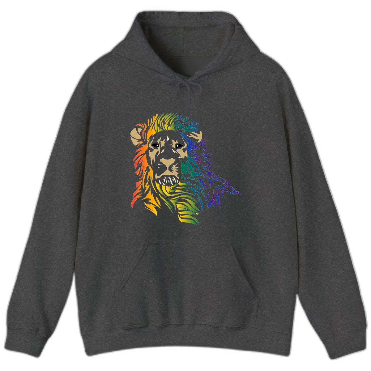 Rainbow lion head with gradient mane flowing from red through purple, featuring tan face with black eyes and detailed whiskers on gray background in Dark Heather