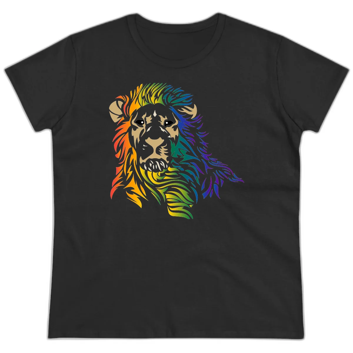 Rainbow lion head with gradient mane flowing from red through purple, featuring tan face with black eyes and detailed whiskers on gray background in Black