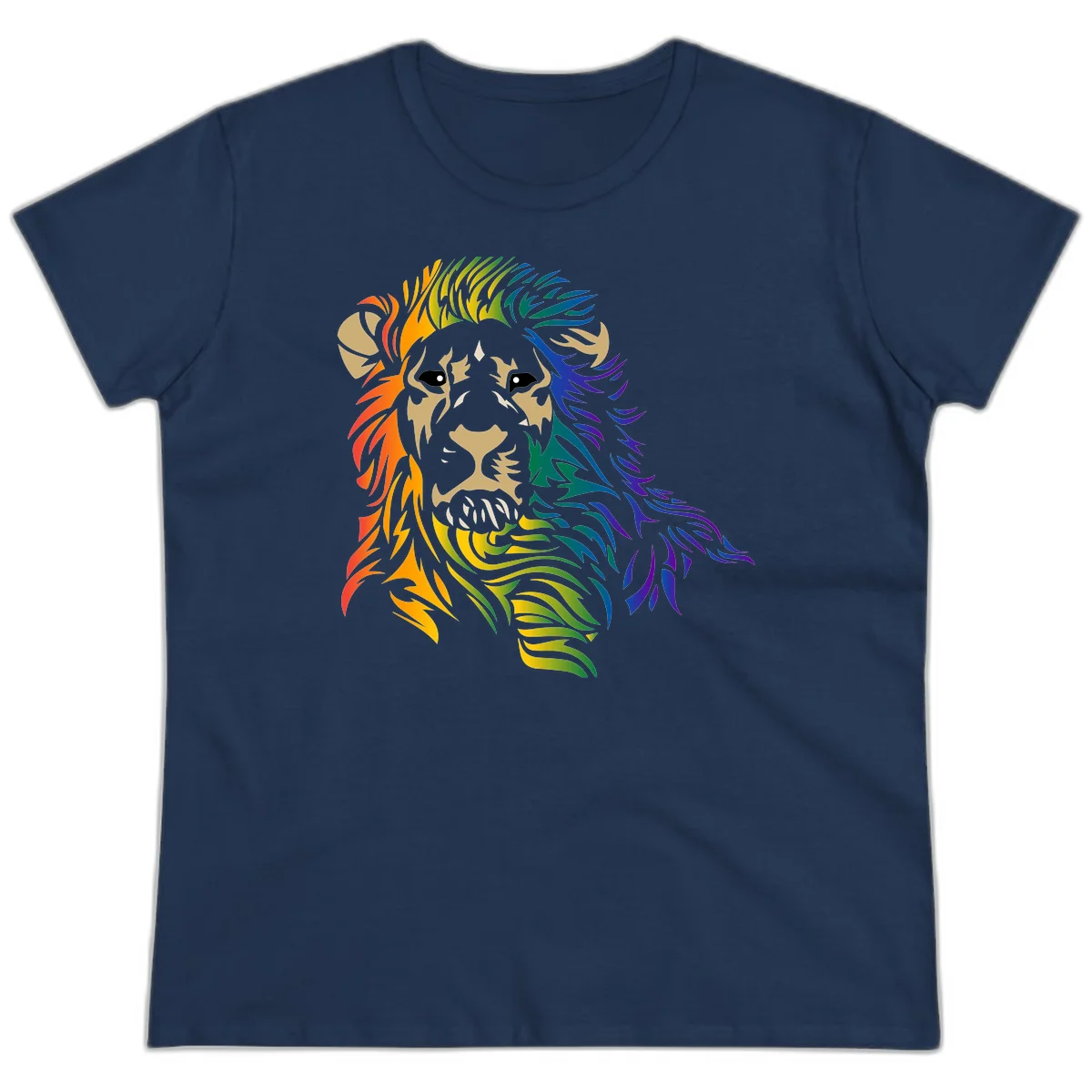 Rainbow lion head with gradient mane flowing from red through purple, featuring tan face with black eyes and detailed whiskers on gray background in Navy