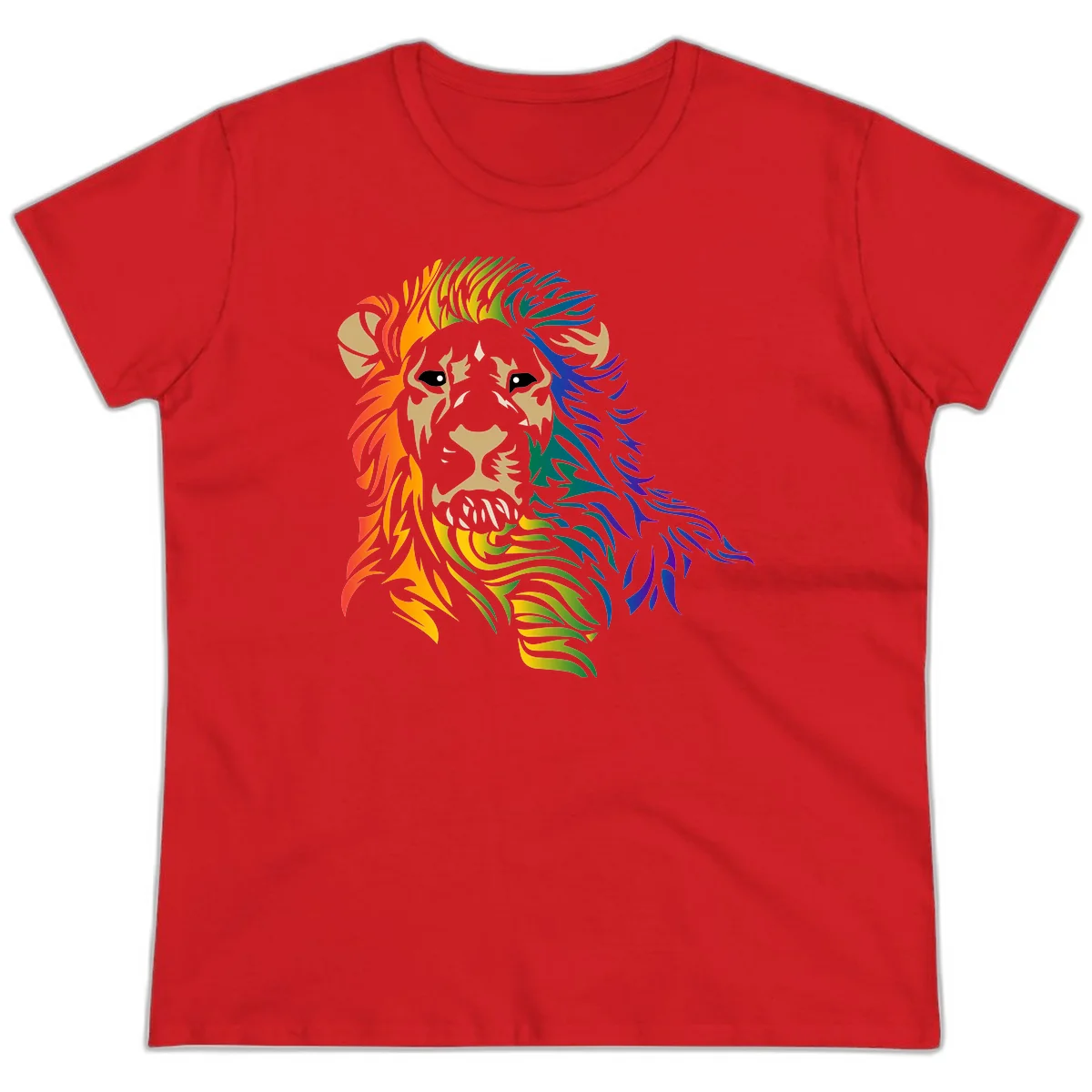 Rainbow lion head with gradient mane flowing from red through purple, featuring tan face with black eyes and detailed whiskers on gray background in Red