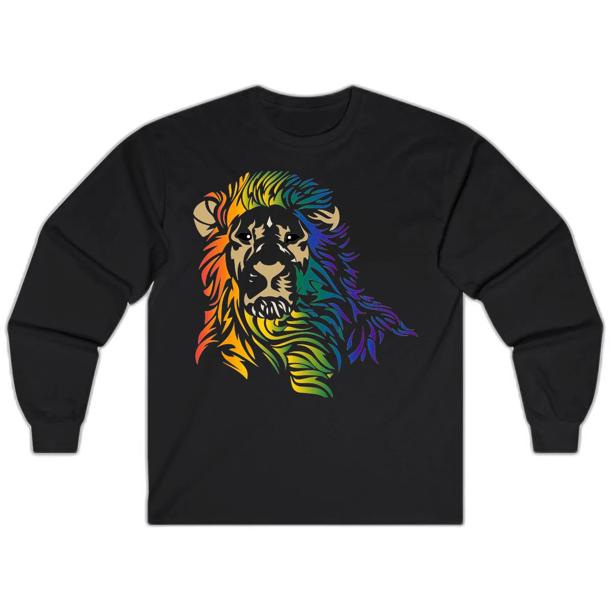 Rainbow lion head with gradient mane flowing from red through purple, featuring tan face with black eyes and detailed whiskers on gray background in Black