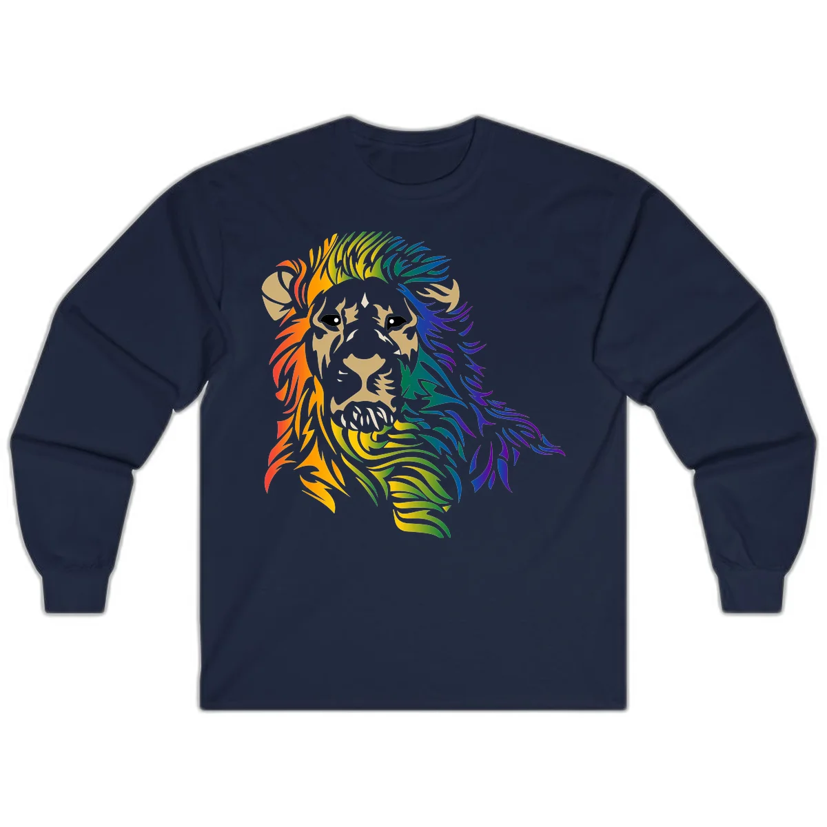 Rainbow lion head with gradient mane flowing from red through purple, featuring tan face with black eyes and detailed whiskers on gray background in Navy