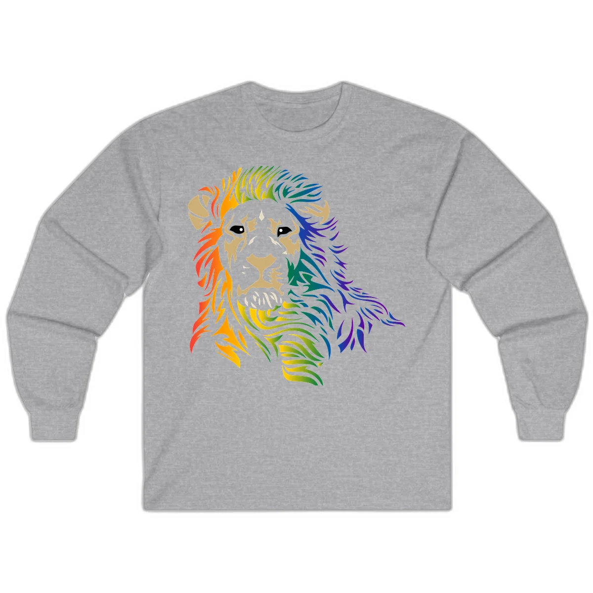 Rainbow lion head with gradient mane flowing from red through purple, featuring tan face with black eyes and detailed whiskers on gray background in Sport Grey