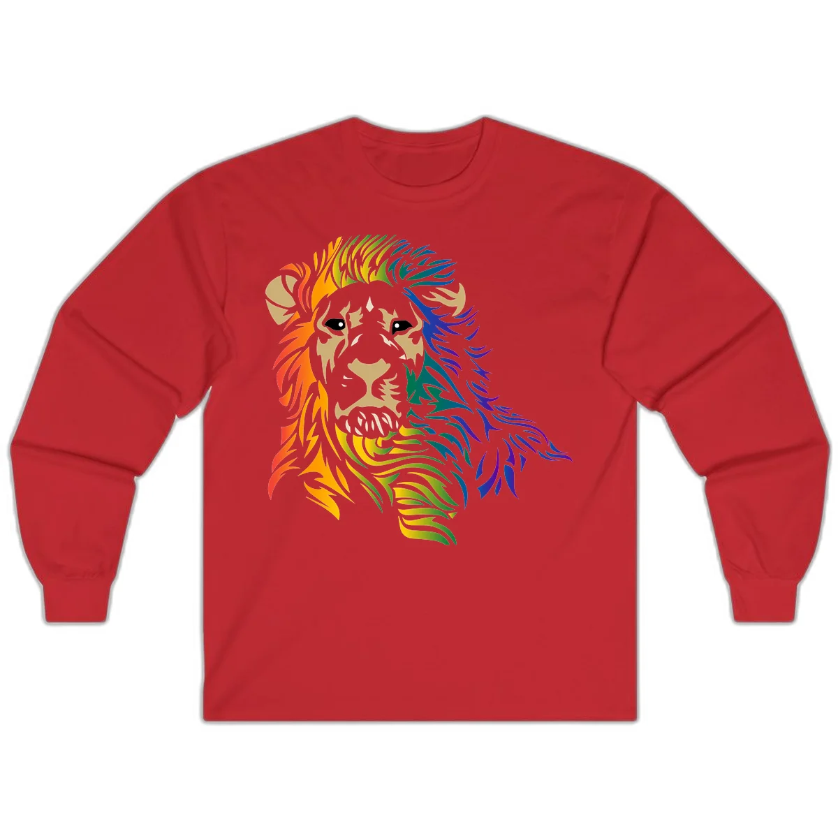 Rainbow lion head with gradient mane flowing from red through purple, featuring tan face with black eyes and detailed whiskers on gray background in Red