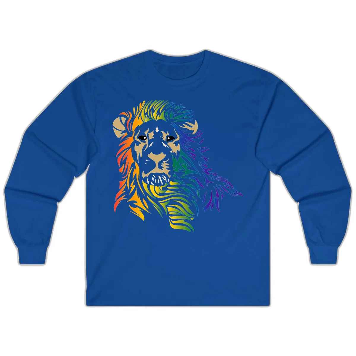 Rainbow lion head with gradient mane flowing from red through purple, featuring tan face with black eyes and detailed whiskers on gray background in Royal