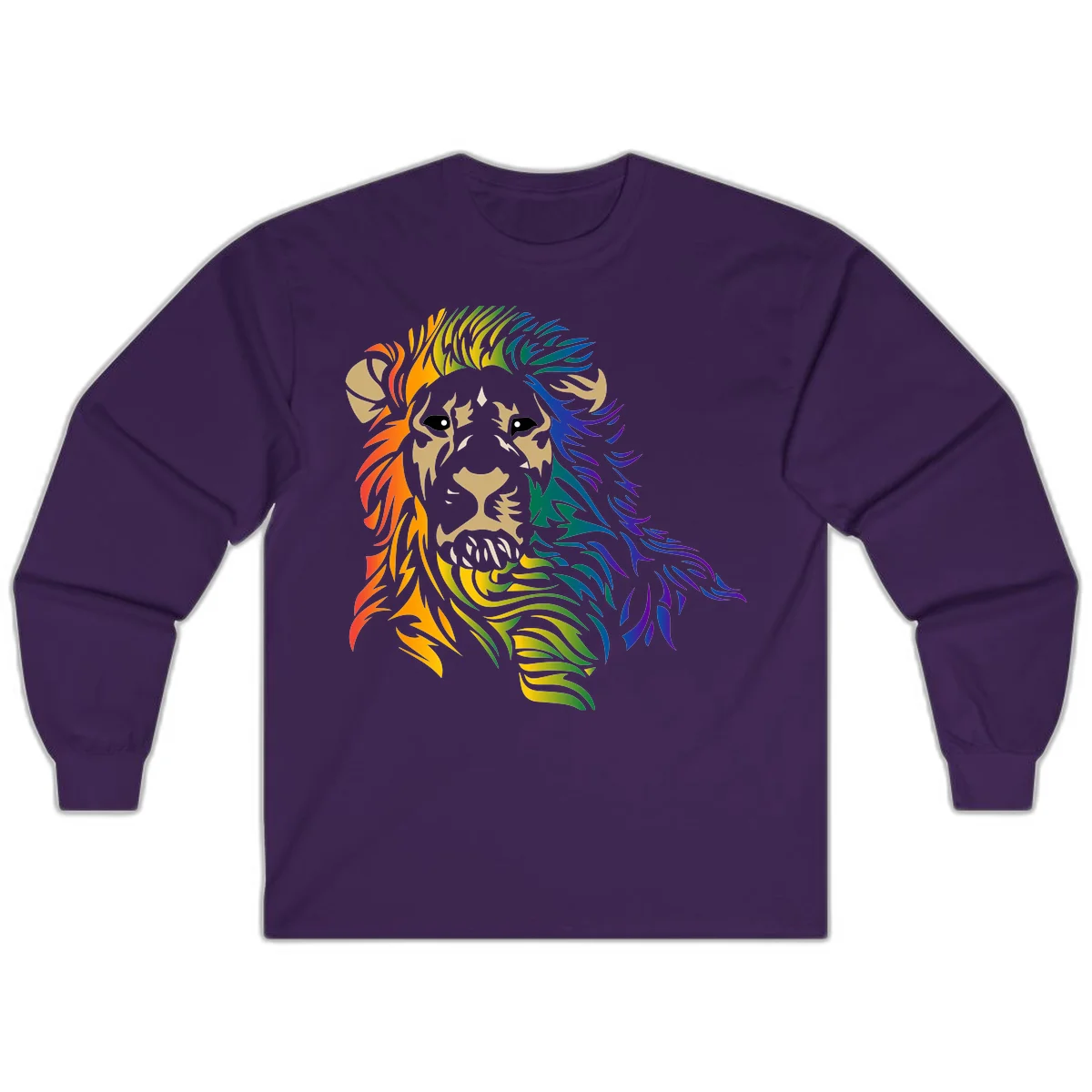 Rainbow lion head with gradient mane flowing from red through purple, featuring tan face with black eyes and detailed whiskers on gray background in Purple