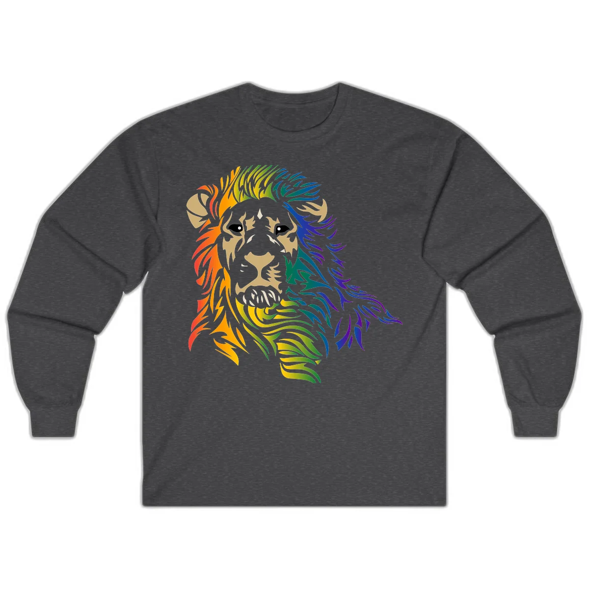 Rainbow lion head with gradient mane flowing from red through purple, featuring tan face with black eyes and detailed whiskers on gray background in Dark Heather