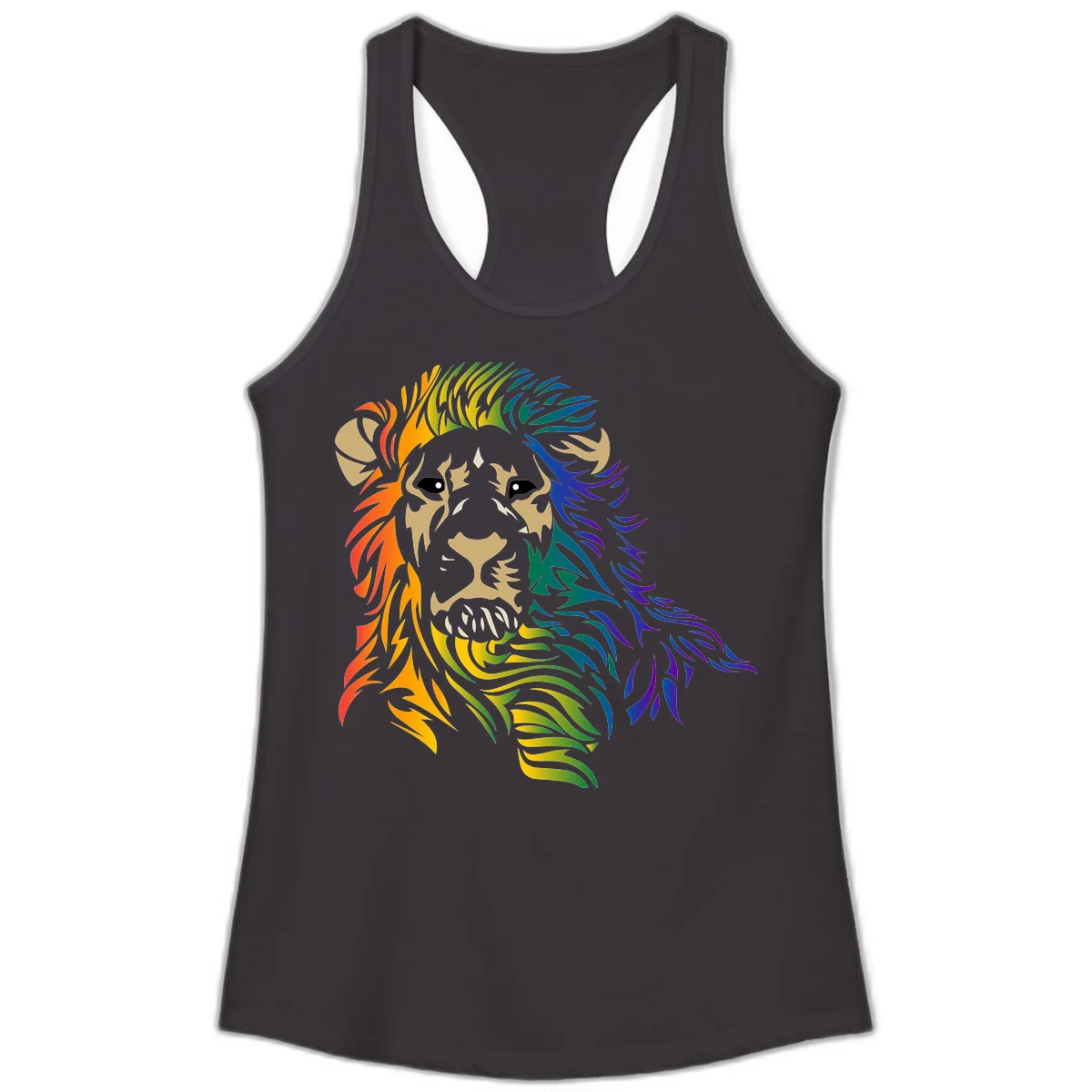 Rainbow lion head with gradient mane flowing from red through purple, featuring tan face with black eyes and detailed whiskers on gray background in Black