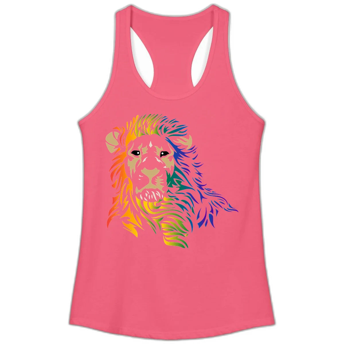 Rainbow lion head with gradient mane flowing from red through purple, featuring tan face with black eyes and detailed whiskers on gray background in Hot Pink