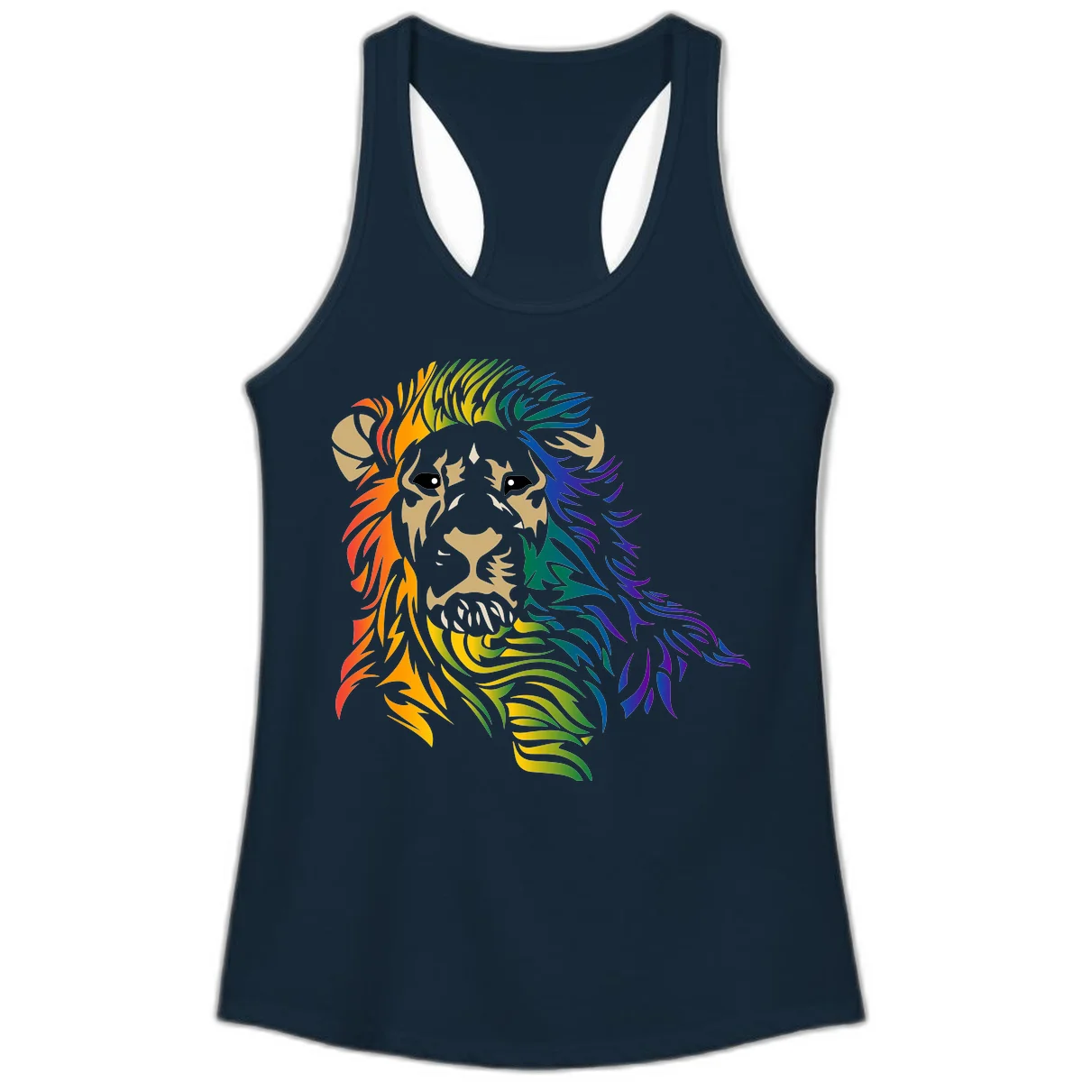 Rainbow lion head with gradient mane flowing from red through purple, featuring tan face with black eyes and detailed whiskers on gray background in Solid Midnight Navy