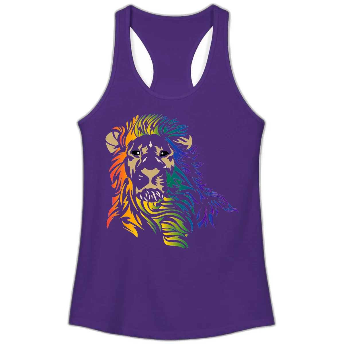 Rainbow lion head with gradient mane flowing from red through purple, featuring tan face with black eyes and detailed whiskers on gray background in Solid Purple Rush