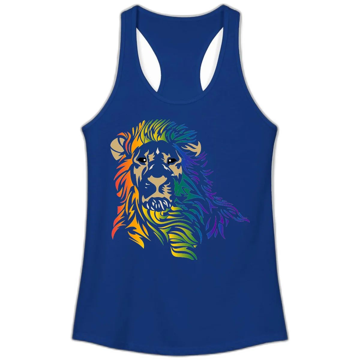 Rainbow lion head with gradient mane flowing from red through purple, featuring tan face with black eyes and detailed whiskers on gray background in Solid Royal