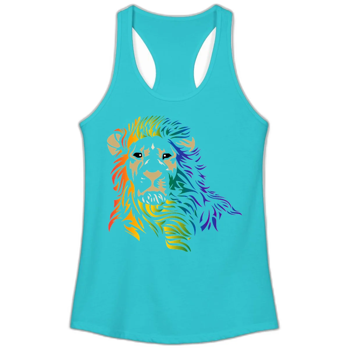 Rainbow lion head with gradient mane flowing from red through purple, featuring tan face with black eyes and detailed whiskers on gray background in Solid Tahiti Blue