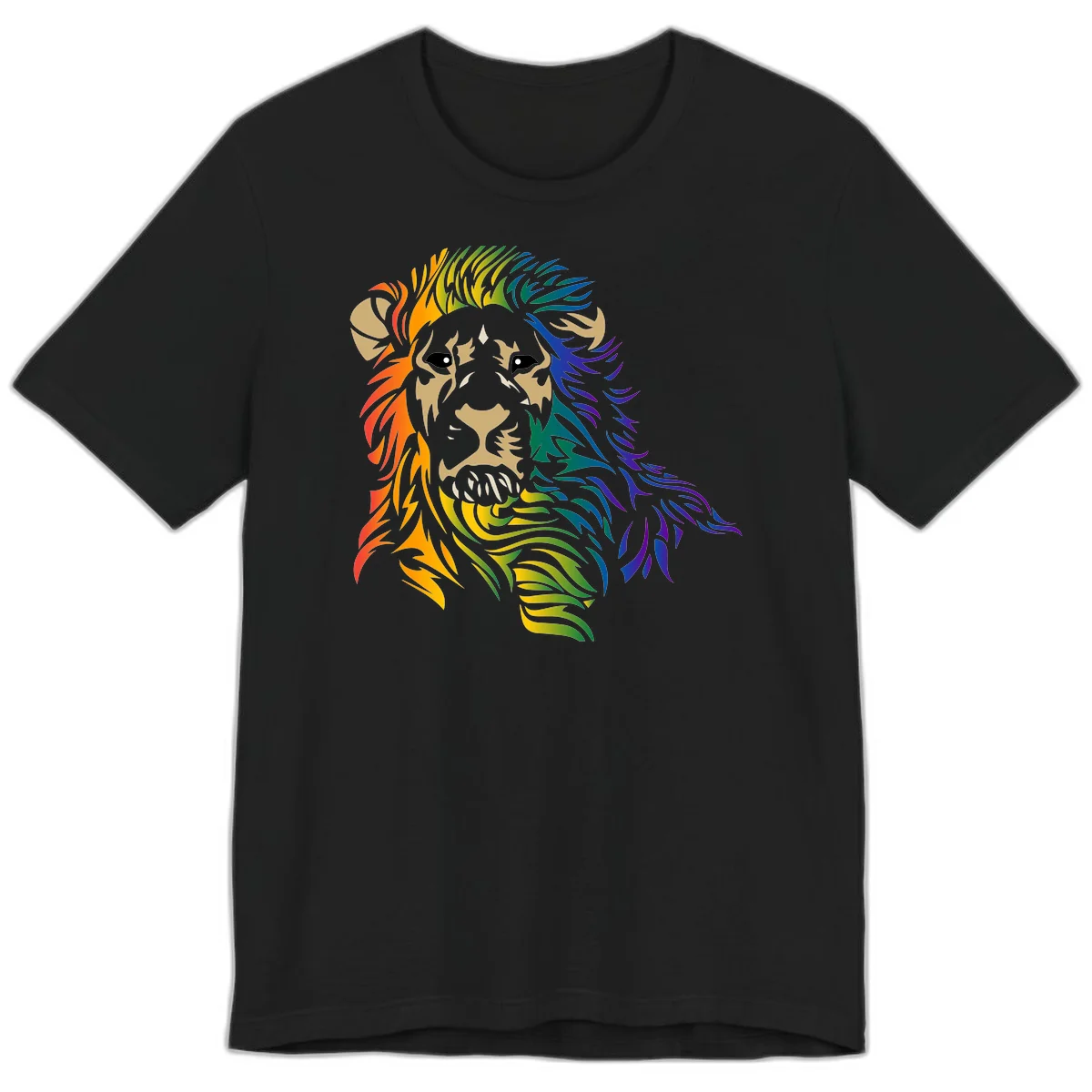 Rainbow lion head with gradient mane flowing from red through purple, featuring tan face with black eyes and detailed whiskers on gray background in Black