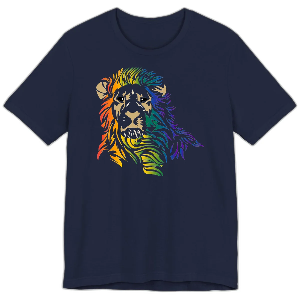 Rainbow lion head with gradient mane flowing from red through purple, featuring tan face with black eyes and detailed whiskers on gray background in Navy