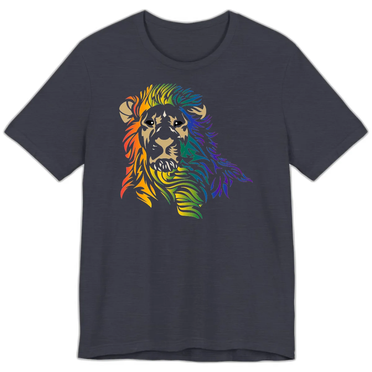 Rainbow lion head with gradient mane flowing from red through purple, featuring tan face with black eyes and detailed whiskers on gray background in Heather Midnight Navy