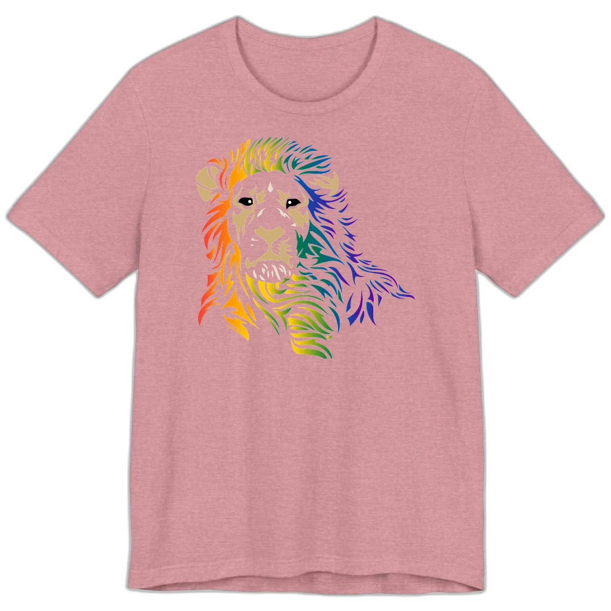 Rainbow lion head with gradient mane flowing from red through purple, featuring tan face with black eyes and detailed whiskers on gray background in Heather Orchid