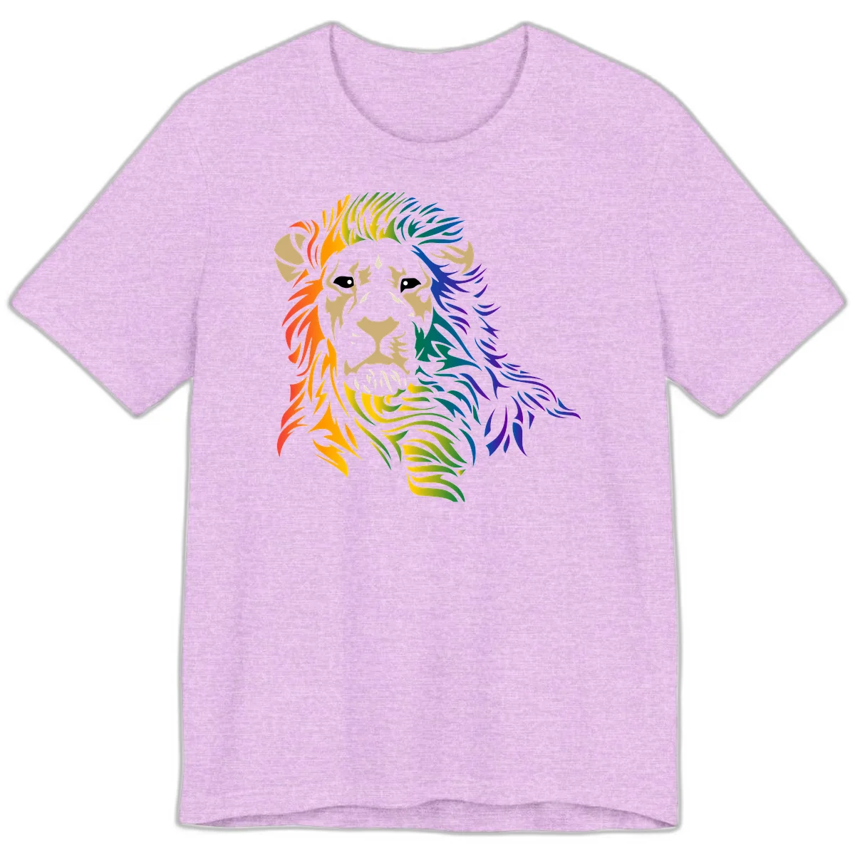Rainbow lion head with gradient mane flowing from red through purple, featuring tan face with black eyes and detailed whiskers on gray background in Heather Prism Lilac
