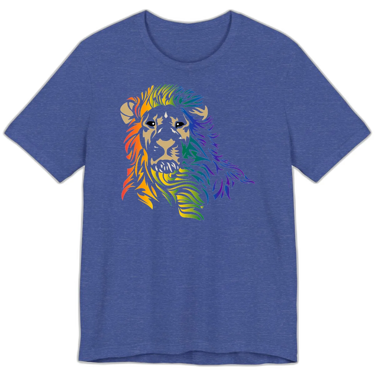 Rainbow lion head with gradient mane flowing from red through purple, featuring tan face with black eyes and detailed whiskers on gray background in Heather True Royal