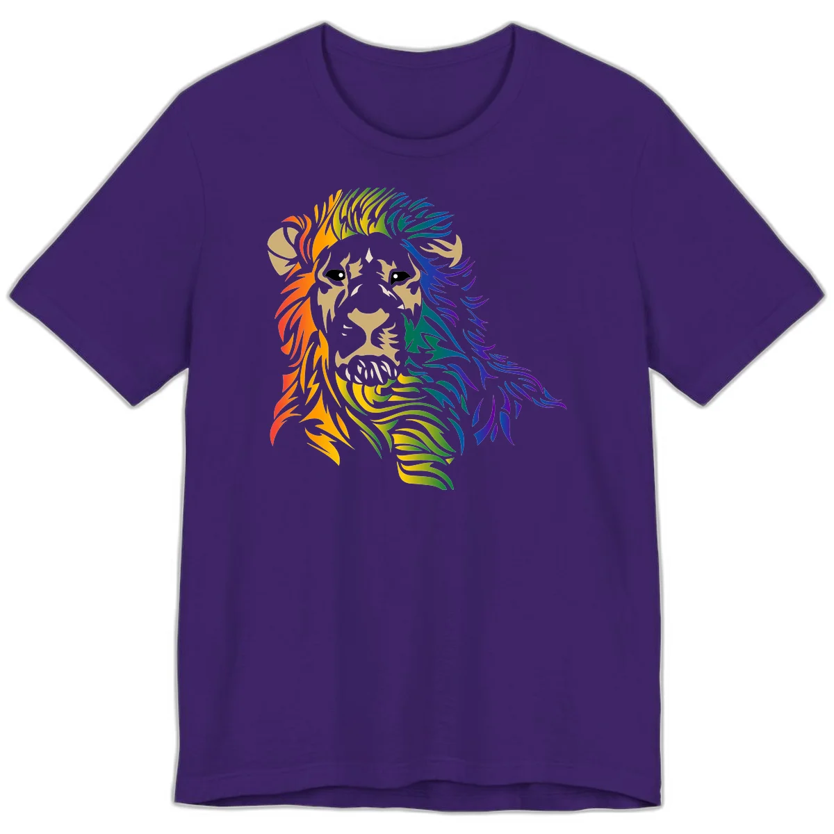 Rainbow lion head with gradient mane flowing from red through purple, featuring tan face with black eyes and detailed whiskers on gray background in Team Purple