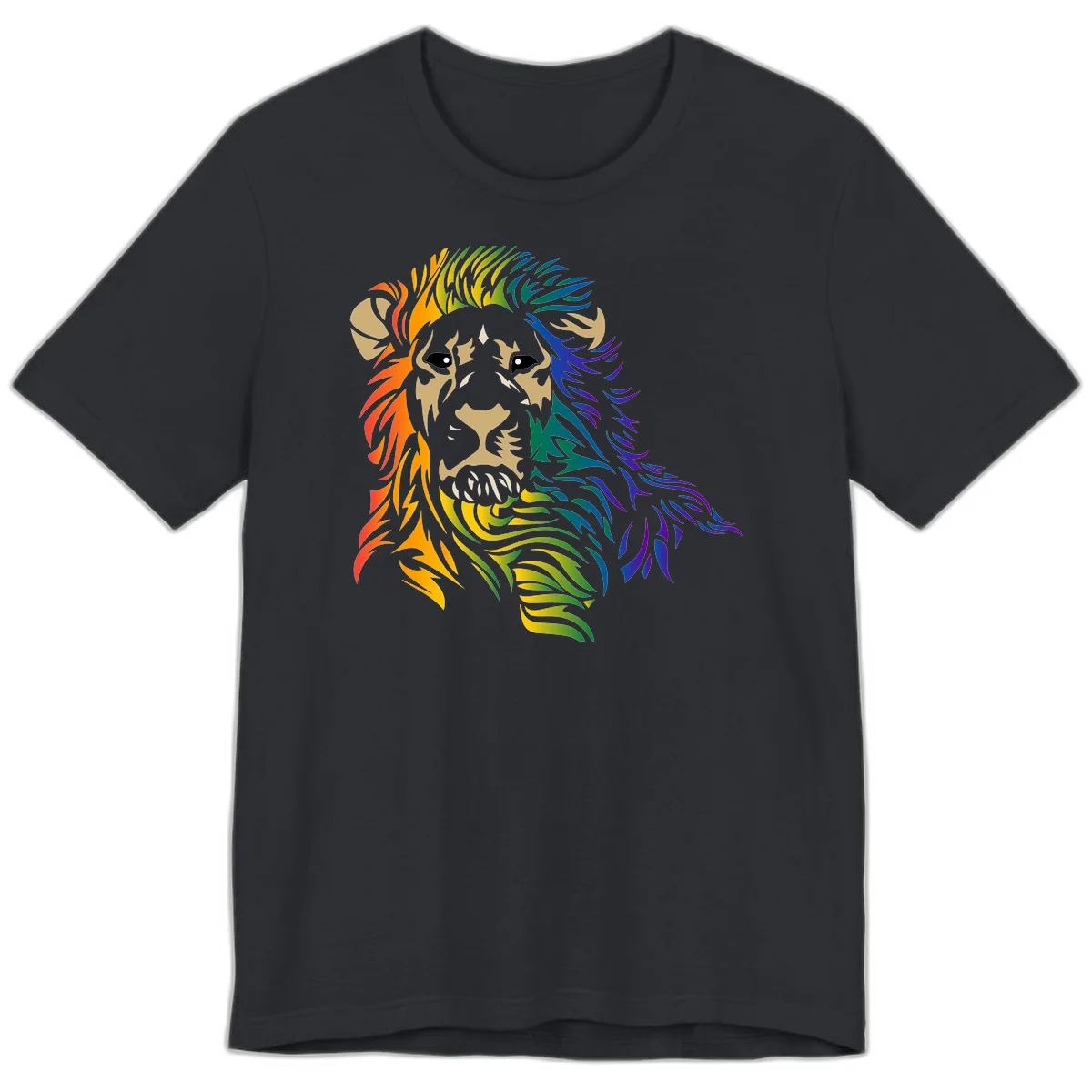 Rainbow lion head with gradient mane flowing from red through purple, featuring tan face with black eyes and detailed whiskers on gray background in Vintage Black