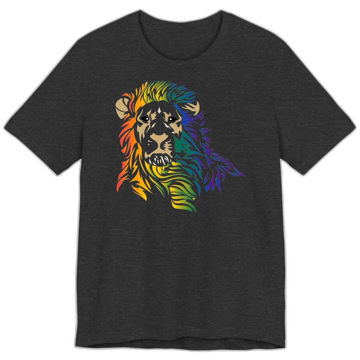 Rainbow lion head with gradient mane flowing from red through purple, featuring tan face with black eyes and detailed whiskers on gray background in Dark Grey Heather