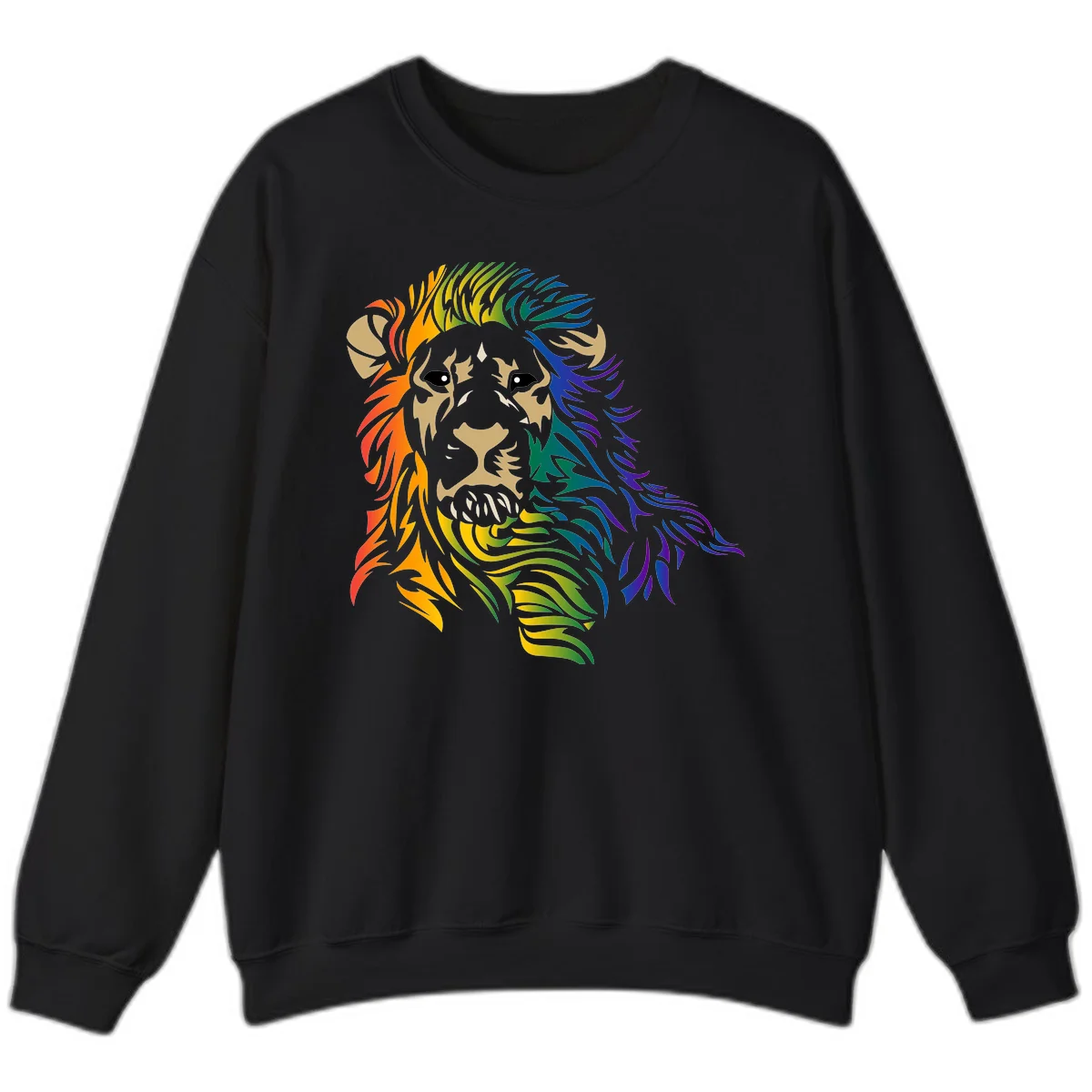 Rainbow lion head with gradient mane flowing from red through purple, featuring tan face with black eyes and detailed whiskers on gray background in Black