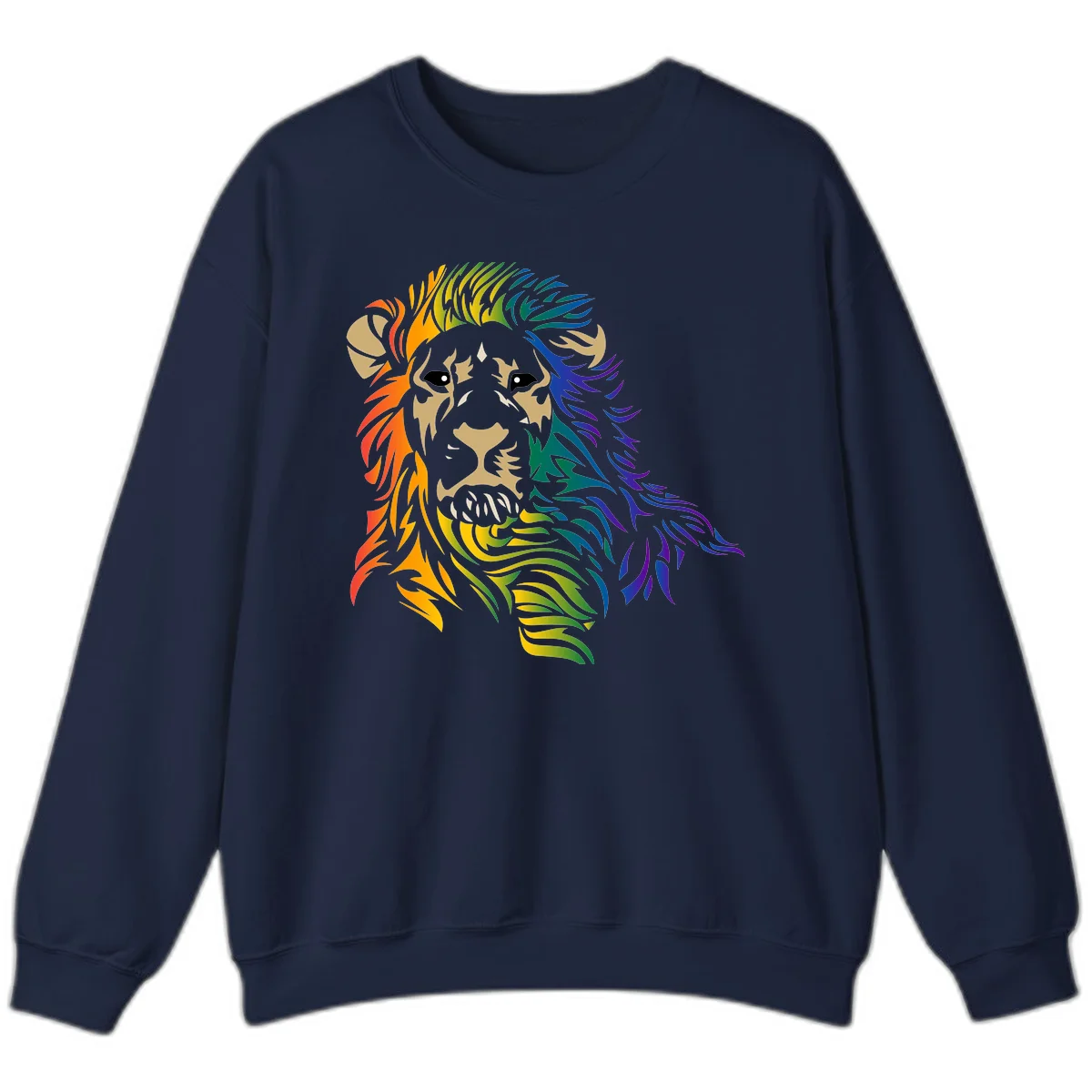 Rainbow lion head with gradient mane flowing from red through purple, featuring tan face with black eyes and detailed whiskers on gray background in Navy