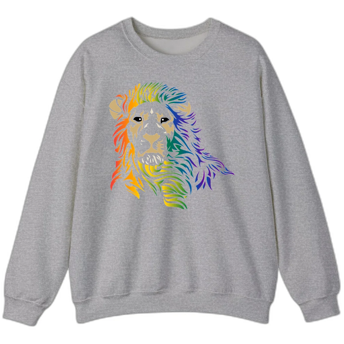 Rainbow lion head with gradient mane flowing from red through purple, featuring tan face with black eyes and detailed whiskers on gray background in Sport Grey