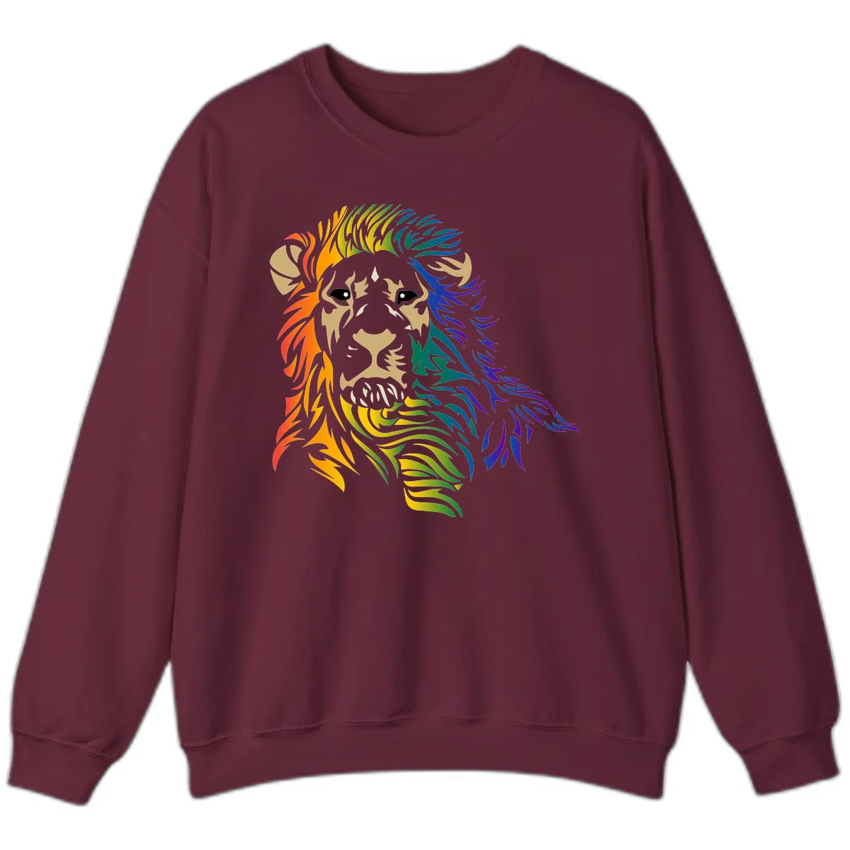 Rainbow lion head with gradient mane flowing from red through purple, featuring tan face with black eyes and detailed whiskers on gray background in Maroon