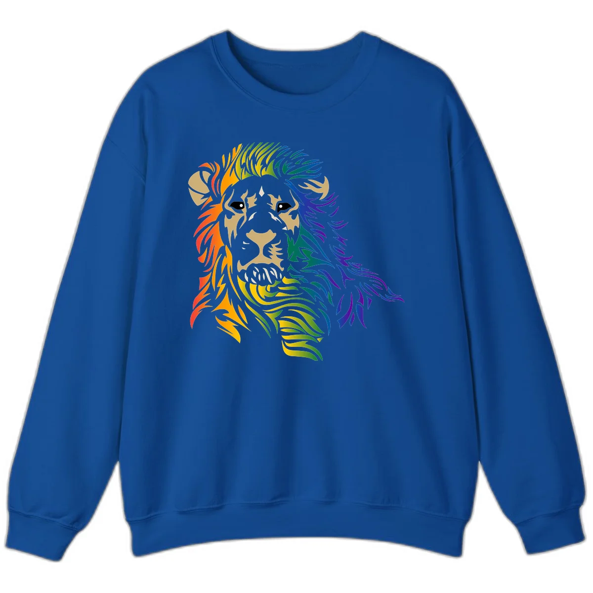 Rainbow lion head with gradient mane flowing from red through purple, featuring tan face with black eyes and detailed whiskers on gray background in Royal