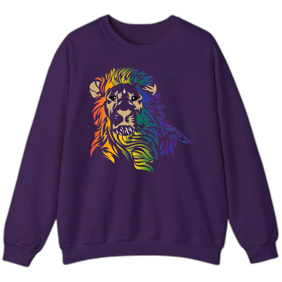 Rainbow lion head with gradient mane flowing from red through purple, featuring tan face with black eyes and detailed whiskers on gray background in Purple