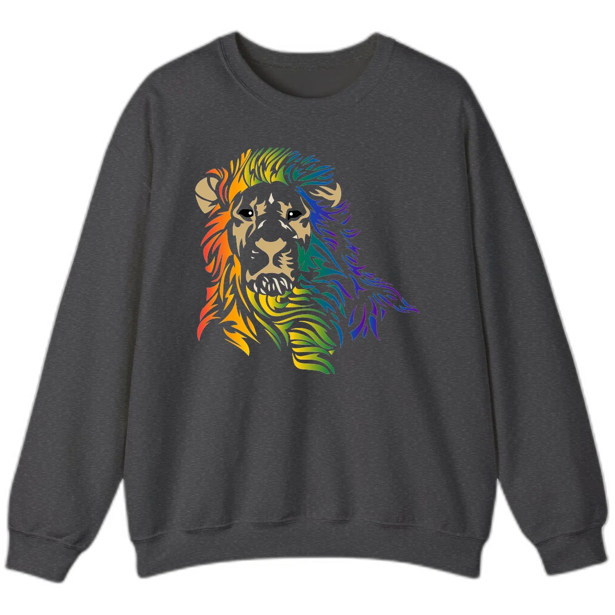 Rainbow lion head with gradient mane flowing from red through purple, featuring tan face with black eyes and detailed whiskers on gray background in Dark Heather