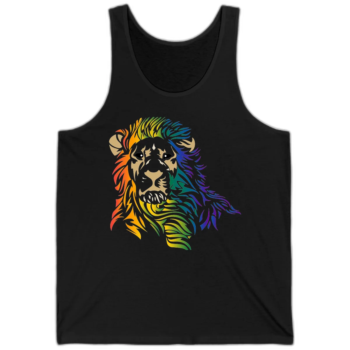 Rainbow lion head with gradient mane flowing from red through purple, featuring tan face with black eyes and detailed whiskers on gray background in Black