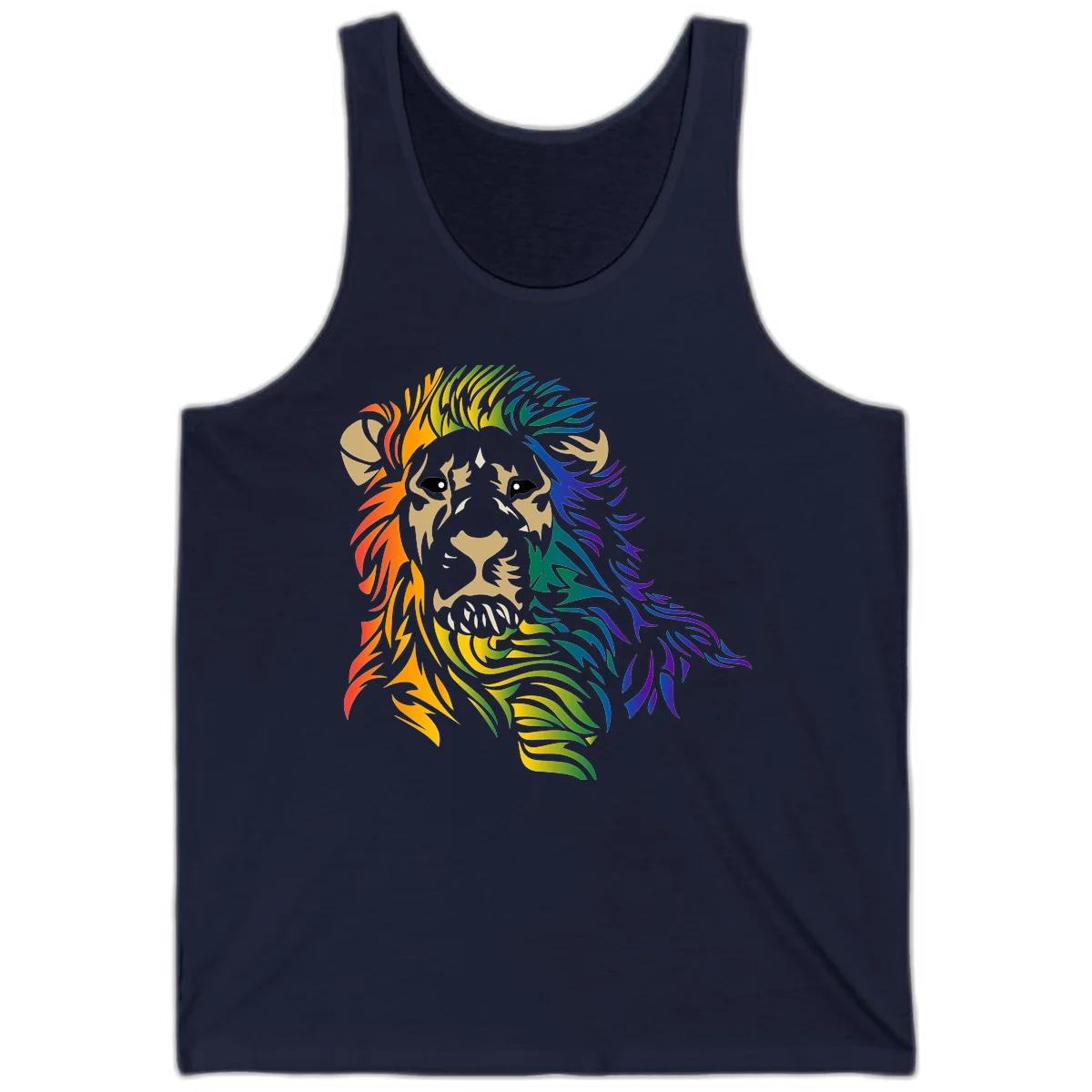 Rainbow lion head with gradient mane flowing from red through purple, featuring tan face with black eyes and detailed whiskers on gray background in Navy