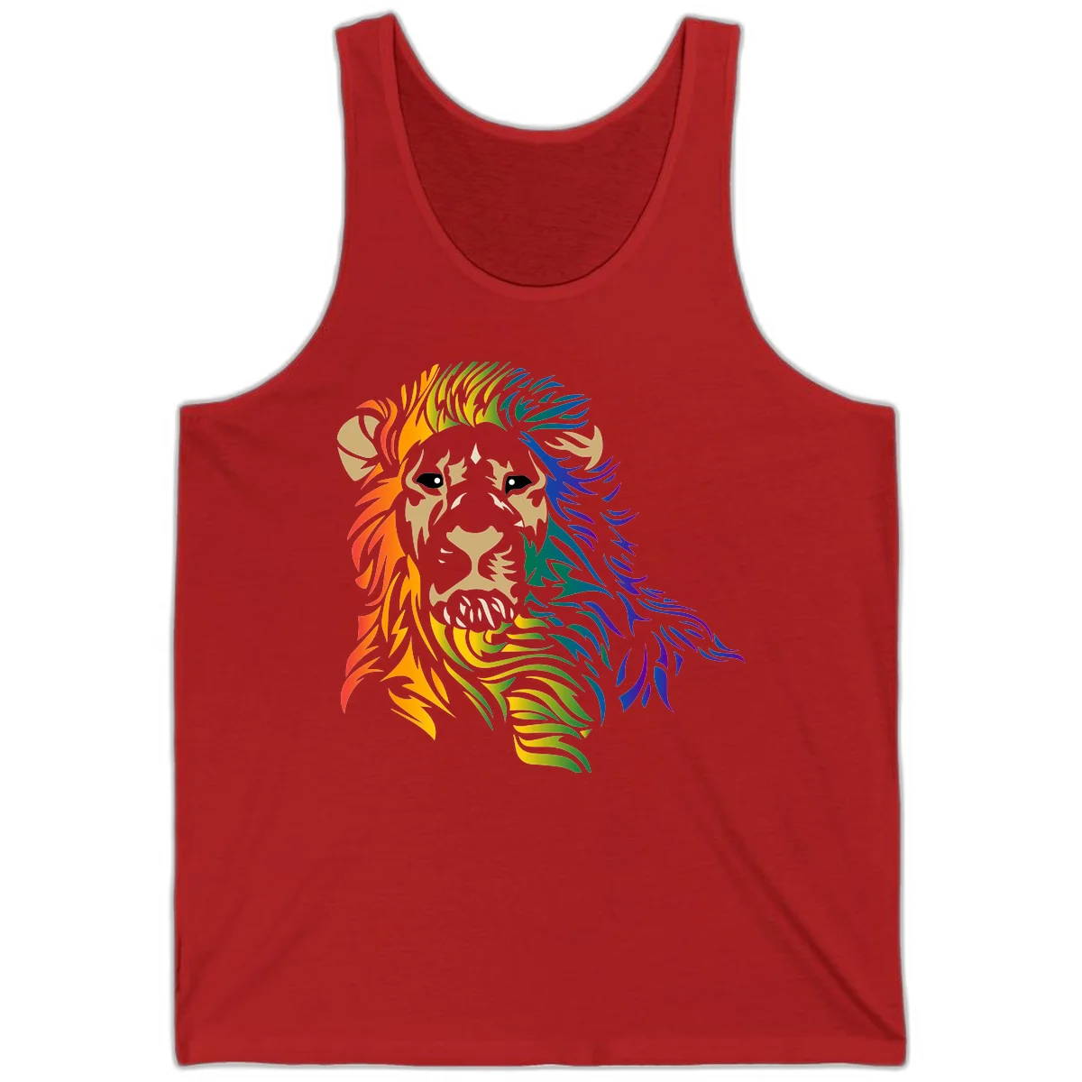 Rainbow lion head with gradient mane flowing from red through purple, featuring tan face with black eyes and detailed whiskers on gray background in Red