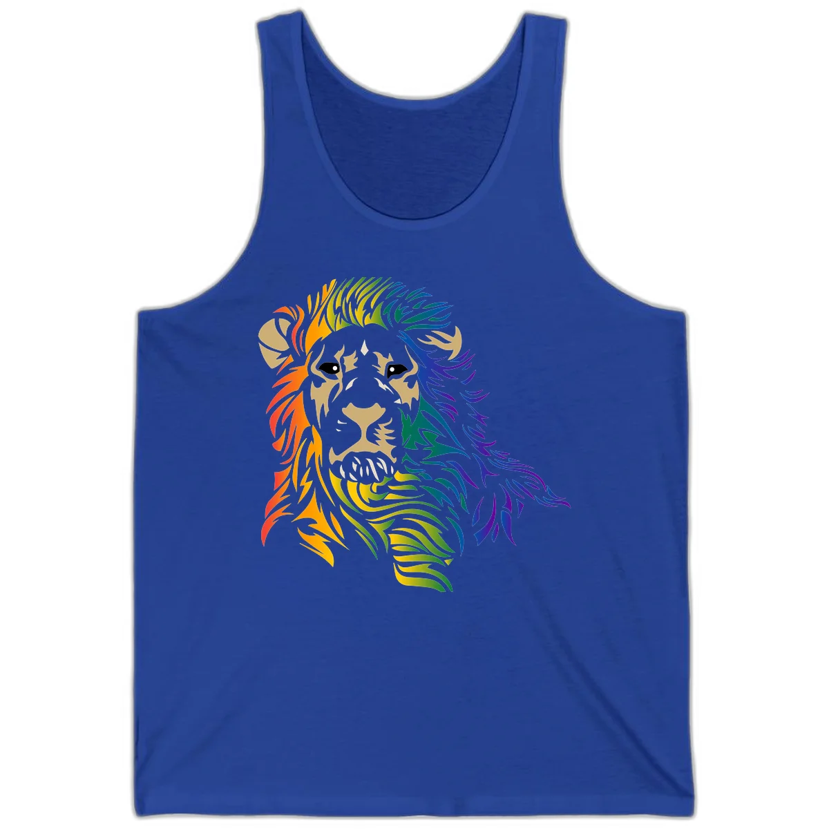 Rainbow lion head with gradient mane flowing from red through purple, featuring tan face with black eyes and detailed whiskers on gray background in True Royal