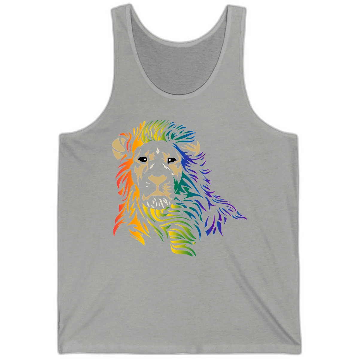 Rainbow lion head with gradient mane flowing from red through purple, featuring tan face with black eyes and detailed whiskers on gray background in Athletic Heather