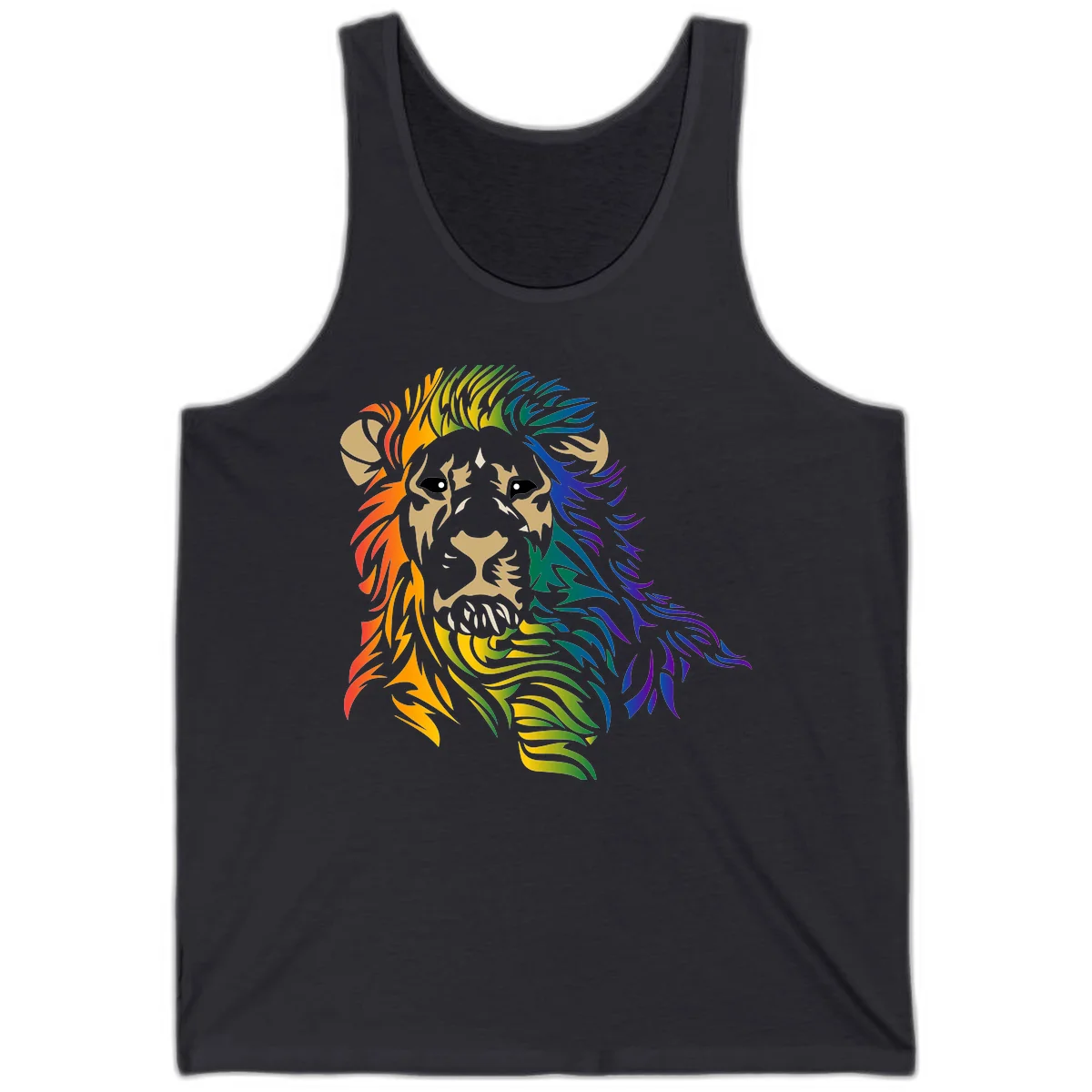 Rainbow lion head with gradient mane flowing from red through purple, featuring tan face with black eyes and detailed whiskers on gray background in Dark Grey