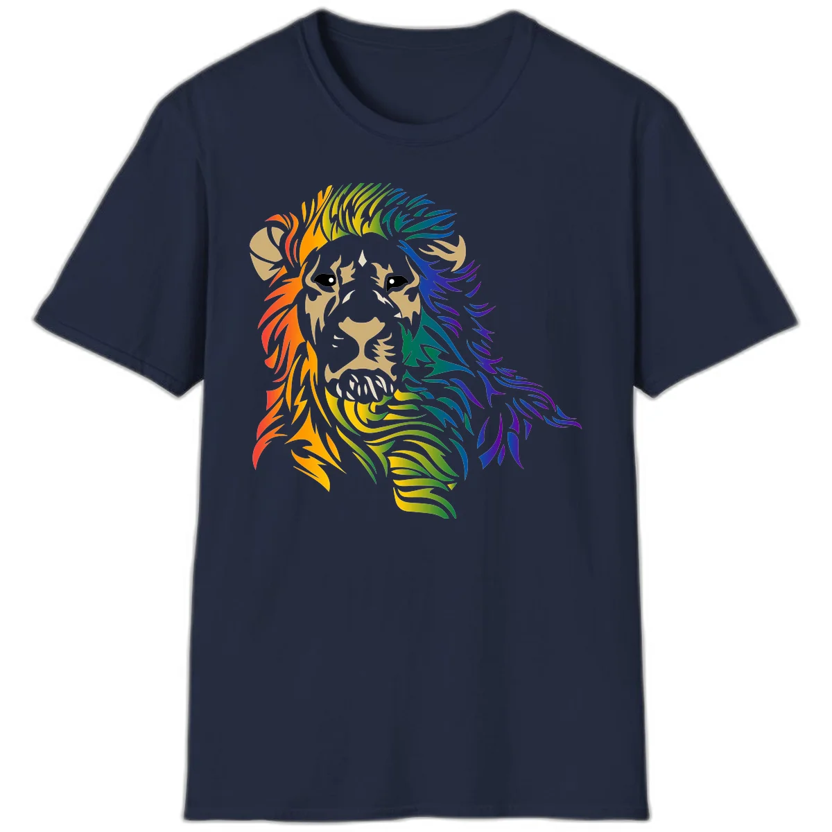 Rainbow lion head with gradient mane flowing from red through purple, featuring tan face with black eyes and detailed whiskers on gray background in Navy