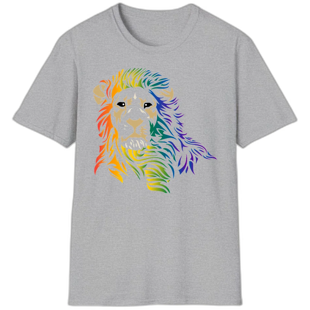 Rainbow lion head with gradient mane flowing from red through purple, featuring tan face with black eyes and detailed whiskers on gray background in Sport Grey