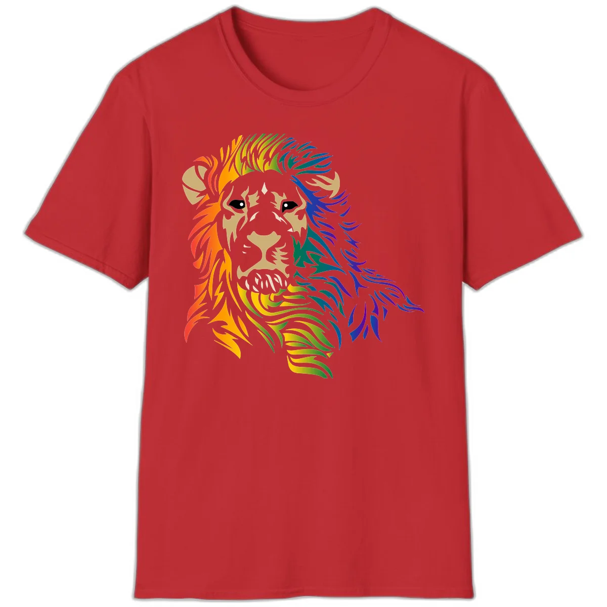 Rainbow lion head with gradient mane flowing from red through purple, featuring tan face with black eyes and detailed whiskers on gray background in Red