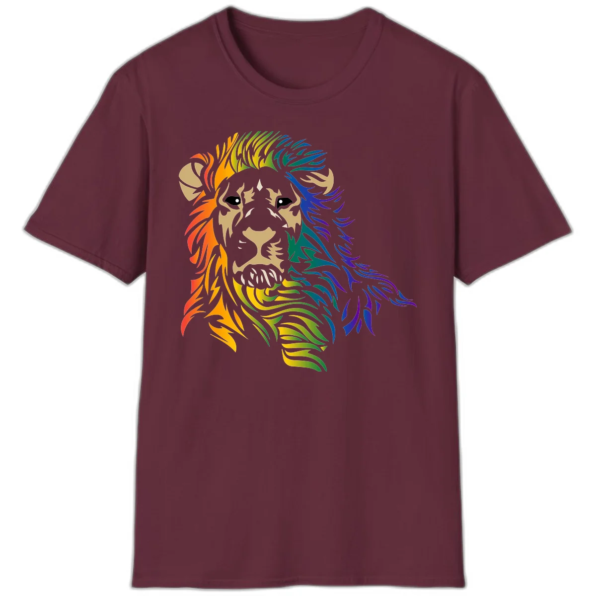 Rainbow lion head with gradient mane flowing from red through purple, featuring tan face with black eyes and detailed whiskers on gray background in Maroon
