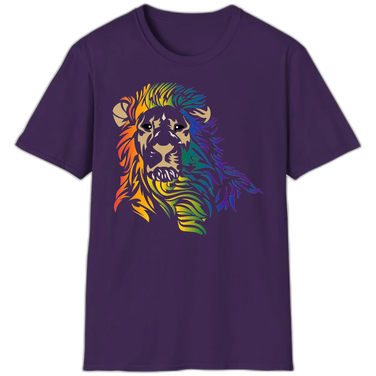 Rainbow lion head with gradient mane flowing from red through purple, featuring tan face with black eyes and detailed whiskers on gray background in Purple