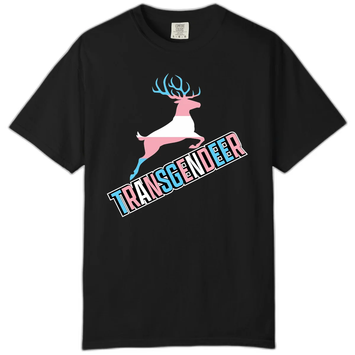 Transgender deer pride design: pink and white deer leaping with blue and pink antlers, 'TRANSGENDER' text banner below in pride colors in Black